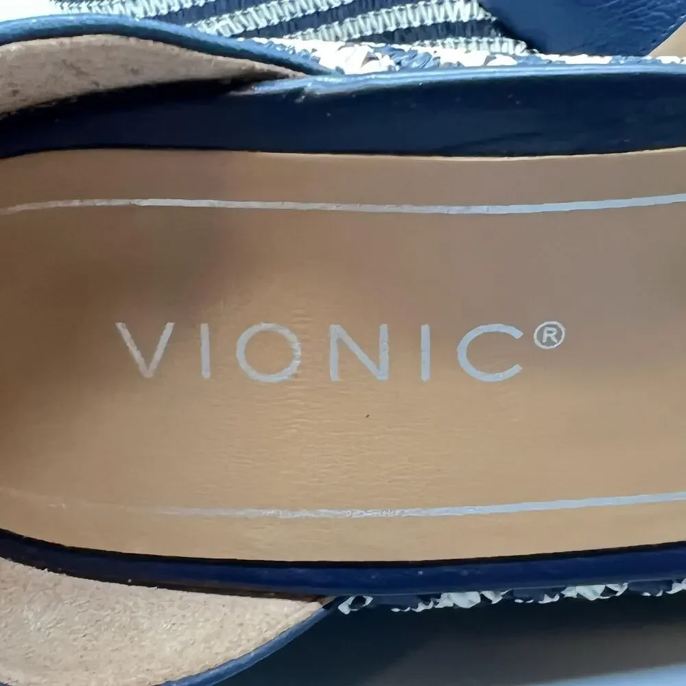 Vionic Sandals Womens 7 Blue Leather Marina Espadrille Ankle Strap Wedge Shoes